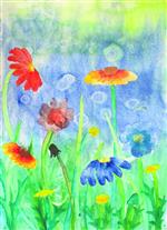 Oil pastel drawing of flowers in a field